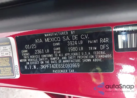 2025 Kia K4 Lxs from USA, damaged, VIN 3KPFT4DE6SE093969